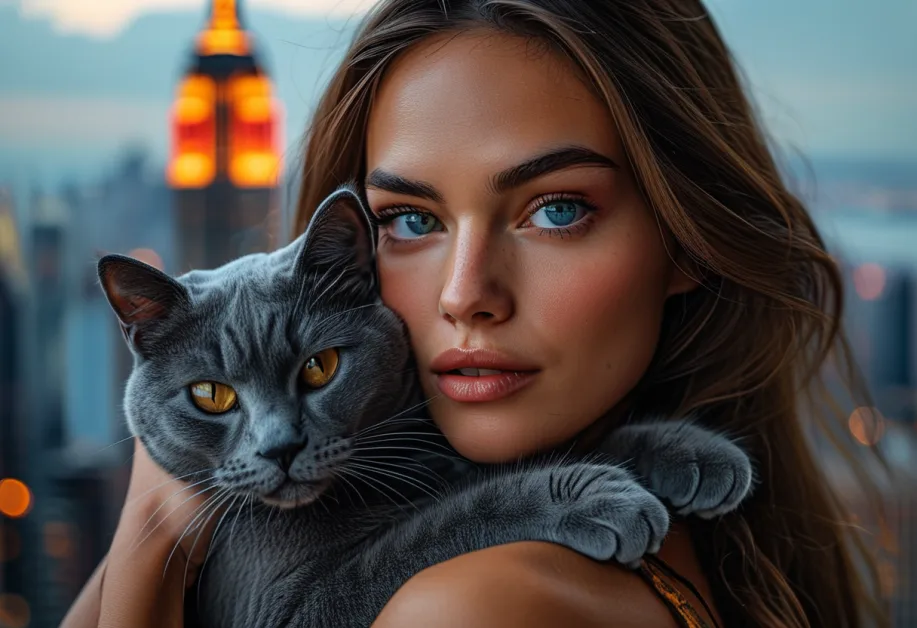 Graceful Russian Blue and the Empire State Building - แมวรัสเซียนบลูในท่าทางอ่อนโยนต่อหน้าตึกเอมไพร์สเตท บ่งบอกถึงความงดงามและเอกลักษณ์ที่เป็นธรรมชาติ