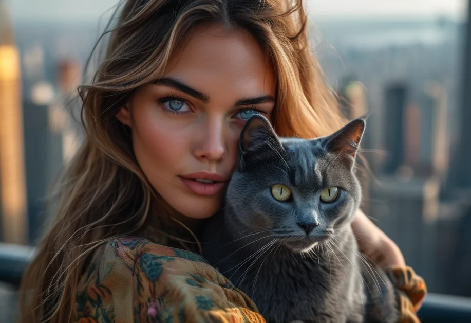 Empire State Russian Blue Cat Sitting Gracefully - แมวรัสเซียนบลูนั่งอย่างสง่างามด้วยฉากหลังที่แสดงถึงวิวตึกเอมไพร์สเตท สะท้อนถึงความมีระดับและความสง่างามของสายพันธุ์นี้