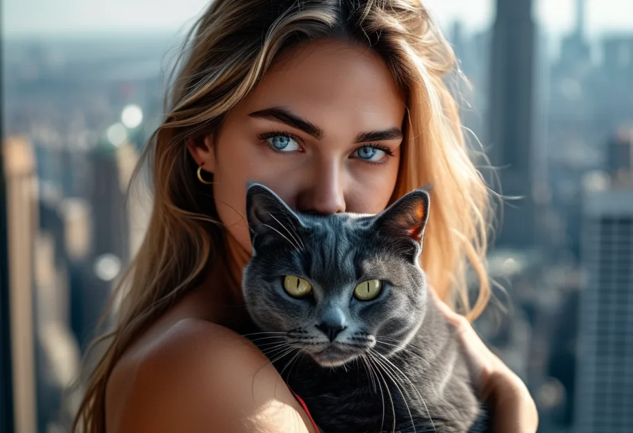 Russian Blue Cat Posing with Iconic New York Skyline - แมวรัสเซียนบลูโพสต์ท่าพร้อมพื้นหลังของสถาปัตยกรรมเมืองนิวยอร์กอย่างเอมไพร์สเตท สื่อถึงเสน่ห์และสไตล์