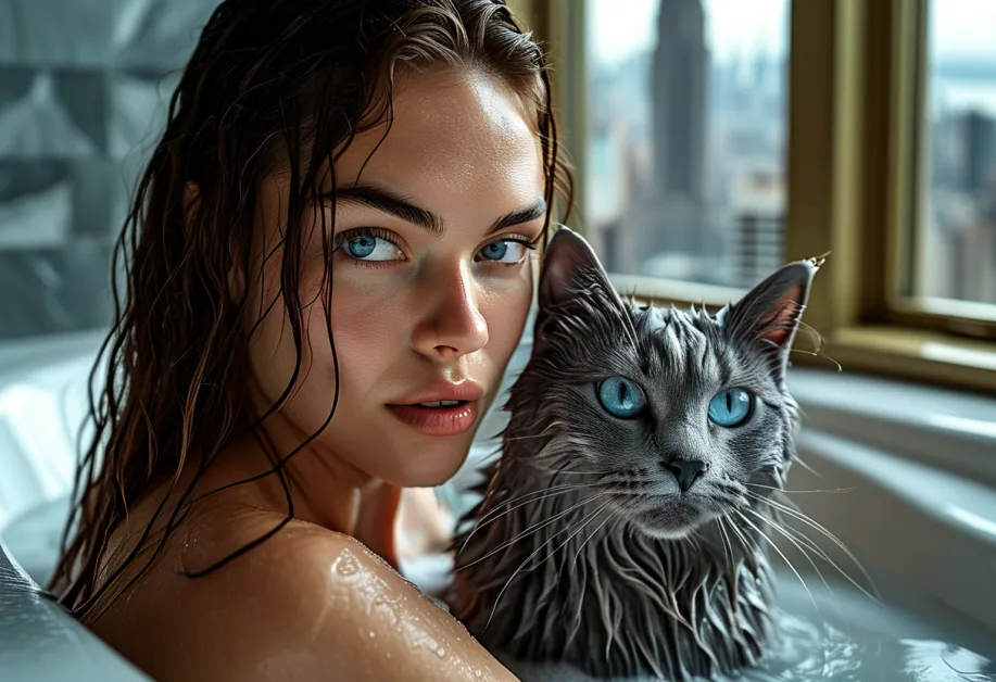 Russian Blue Cat in New York City Skyline - ภาพแมวรัสเซียนบลูบนพื้นหลังเมืองนิวยอร์กที่งดงาม ผสมผสานความหรูหราของเมืองกับความน่ารักของแมวสายพันธุ์พิเศษนี้