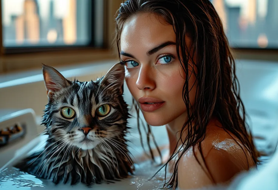 Majestic Russian Blue with Empire State Reflection - แมวรัสเซียนบลูนั่งอยู่หน้ากระจกที่สะท้อนวิวเอมไพร์สเตท สร้างบรรยากาศของความน่ารักและความภูมิฐานในตัวแมว