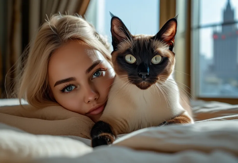 Relaxed Tonkinese Cat in Front of Towering Federation Tower – แมวท็องกินีสนั่งพักผ่อนอย่างสบายหน้า Federation Tower ตึกสูง แสดงถึงความมั่นใจและบุคลิกที่ผ่อนคลายของแมวในบรรยากาศเมือง
