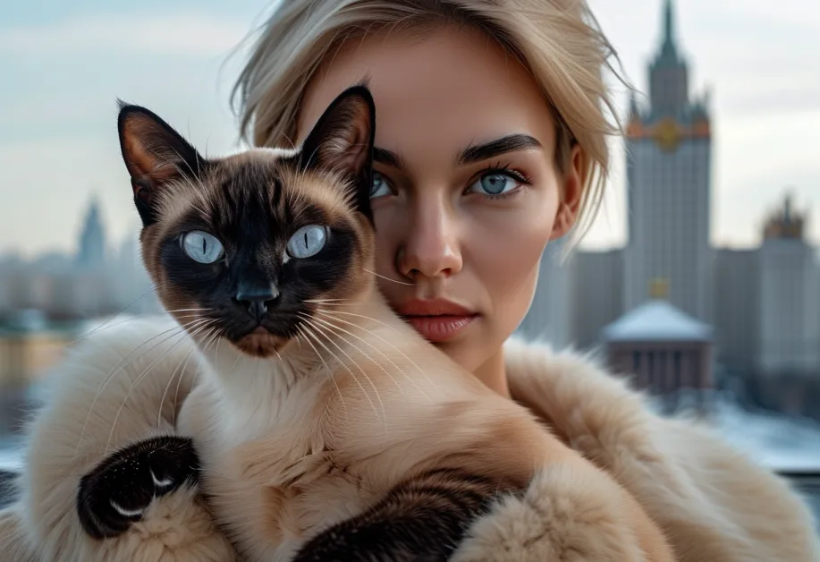 Tonkinese Cat Relaxing with Federation Tower in the Background – แมวท็องกินีสพักผ่อนอย่างสงบโดยมีตึก Federation Tower เป็นฉากหลัง แสดงถึงความน่ารักของแมวท่ามกลางวิวตึกสูงในเมือง