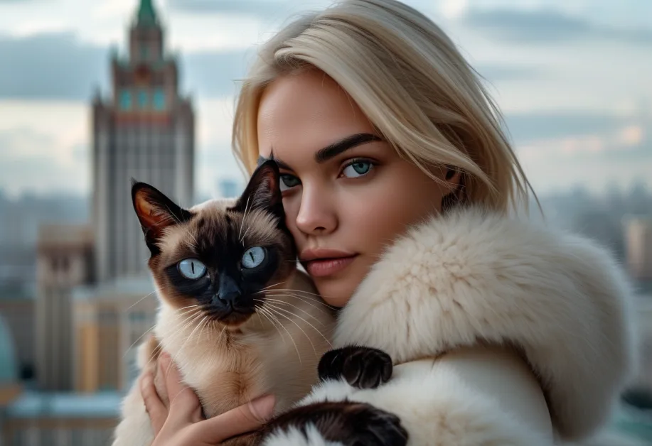 Tonkinese Cat Striking a Pose on Federation Tower Pathway – แมวท็องกินีสโพสต์ท่าสวยงามบนเส้นทางใกล้ Federation Tower แสดงให้เห็นถึงความสง่างามและบุคลิกที่เป็นมิตรของสายพันธุ์นี้ในท่ามกลางฉากเมือง