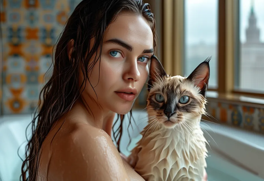 Tonkinese Cat Posing Majestically in Front of Federation Tower – แมวท็องกินีสยืนสง่างามโดยมีตึก Federation Tower เป็นฉากหลัง แสดงถึงความภูมิฐานและเสน่ห์ของแมวท่ามกลางตึกสูงที่โดดเด่น