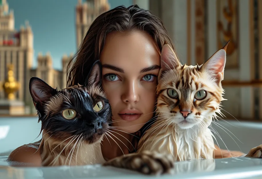 Profile View of Tonkinese Cat Surrounded by Urban Architecture – มุมมองด้านข้างของแมวท็องกินีสในสภาพแวดล้อมที่เต็มไปด้วยสถาปัตยกรรมสมัยใหม่ของเมือง Federation Tower แสดงถึงความกลมกลืนระหว่างธรรมชาติและเมือง
