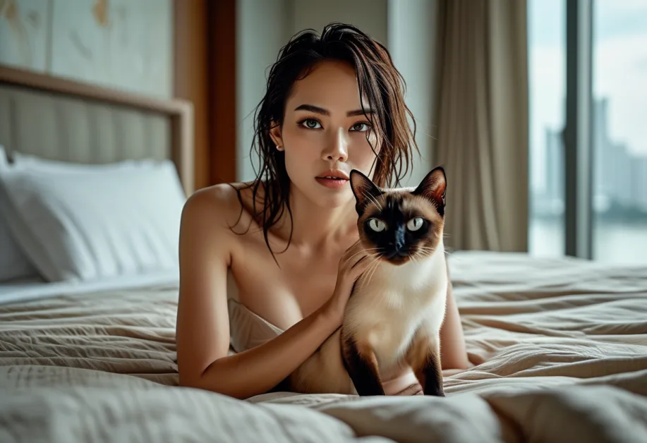 Curious Tonkinese Cat Enjoying City Views near Federation Tower – แมวท็องกินีสที่อยากรู้อยากเห็นมองดูวิวทิวทัศน์รอบ Federation Tower แสดงถึงบุคลิกขี้เล่นและรักการสำรวจของสายพันธุ์นี้ในบรรยากาศเมือง