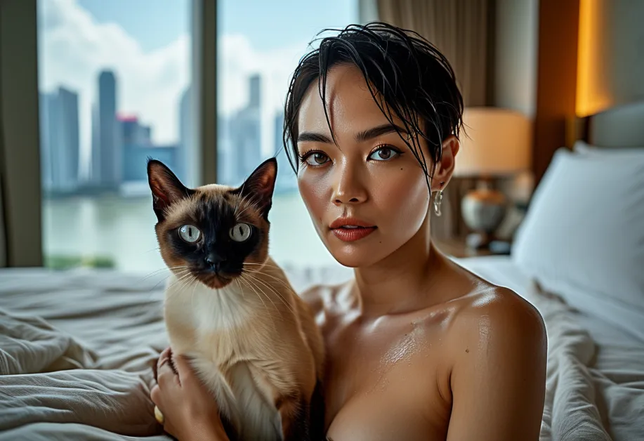 Tonkinese Cat Resting Gracefully with Skyline of Federation Tower – แมวท็องกินีสพักผ่อนอย่างสงบในท่ามกลางวิวเส้นขอบฟ้าของ Federation Tower ถ่ายทอดความนุ่มนวลและความเป็นมิตรของแมวในสภาพแวดล้อมที่ทันสมัย