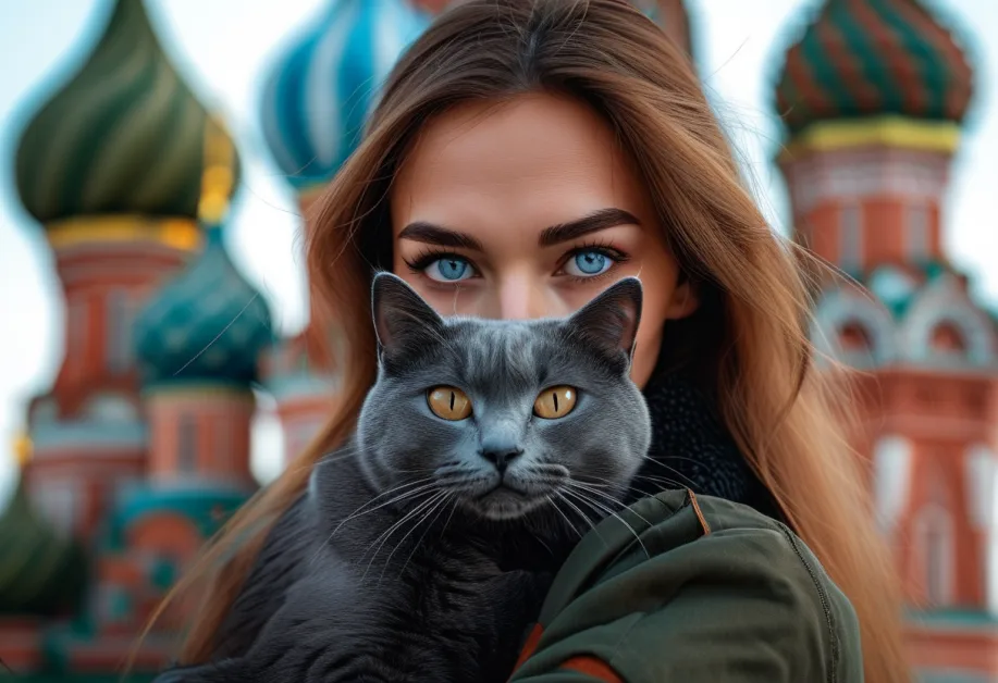 ภาพแมวรัสเซียนบลูที่ Red Square กับสีขนอ่อนเทาและบุคลิกสงบเสงี่ยม เป็นการถ่ายทอดเสน่ห์ของแมวสายพันธุ์นี้อย่างลงตัว ท่ามกลางบรรยากาศคลาสสิกของรัสเซีย