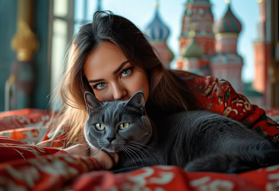 แมวรัสเซียนบลูนั่งใกล้สถานที่สำคัญใน Red Square ท่ามกลางบรรยากาศคลาสสิกของรัสเซีย ขนสีฟ้าเทาโดดเด่นอย่างมีเสน่ห์ เข้ากันดีกับความงดงามของสถานที่