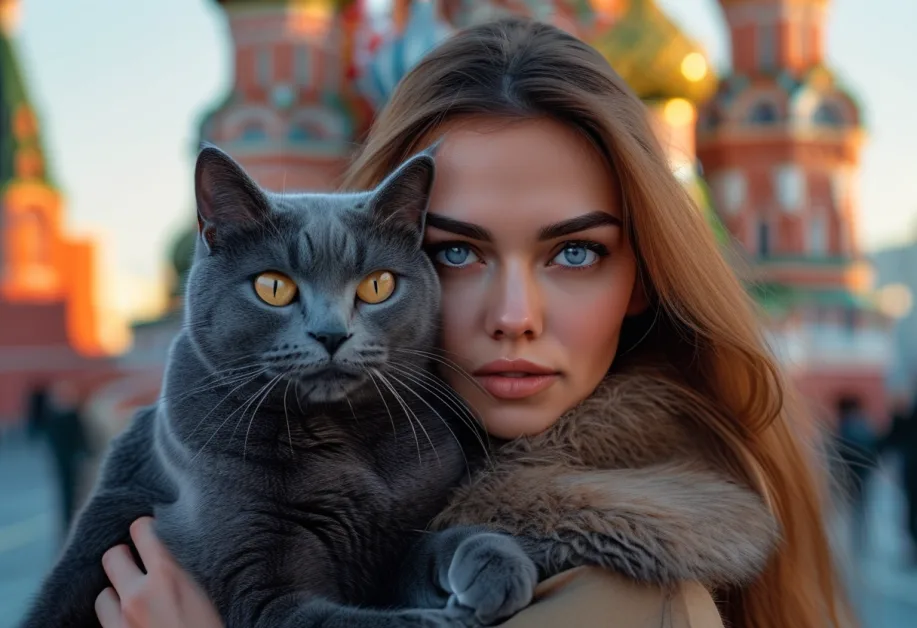 ภาพแมวรัสเซียนบลูนั่งอย่างสง่างามที่ Red Square ขนสีฟ้าสวยงามสะดุดตากับบรรยากาศที่มีความเป็นเอกลักษณ์ของรัสเซีย เสริมเสน่ห์ให้กับสายพันธุ์นี้ได้ดีเยี่ยม