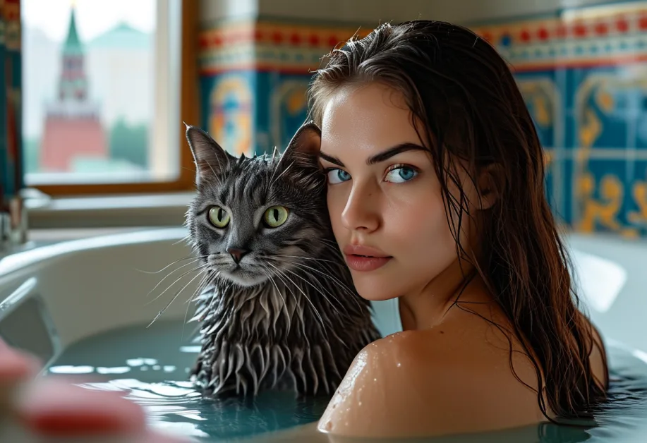 แมวรัสเซียนบลูคู่ใจที่ Red Square ขนฟูสวยงามและแววตาสดใส สะท้อนถึงลักษณะพิเศษที่ทำให้ผู้รักแมวหลงใหลกับบรรยากาศที่เงียบสงบและสง่างามของพื้นที่