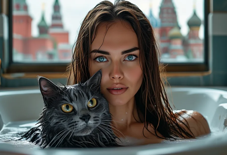 ขนฟูสีฟ้าเทาอันเป็นเอกลักษณ์ของแมวรัสเซียนบลู โดดเด่นตัดกับสีพื้นหลังของ Red Square ให้ความรู้สึกเรียบหรูและเต็มไปด้วยเสน่ห์ของแมวสายพันธุ์นี้