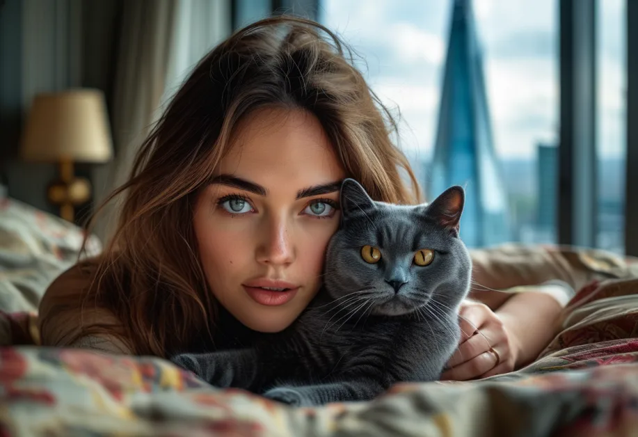 แมวรัสเซียบลูจ้องมองกล้องโดยมีสถาปัตยกรรมของ The Shard อยู่เบื้องหลัง ดึงเอาบุคลิกและเสน่ห์ที่เป็นเอกลักษณ์ของแมวออกมา