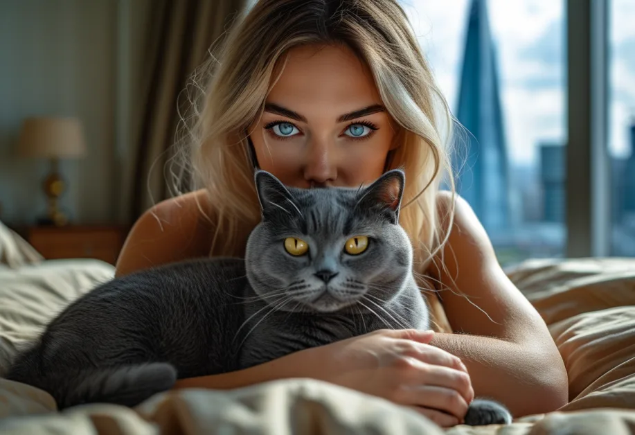 ภาพโปรไฟล์ของแมวรัสเซียบลูที่มี The Shard เป็นฉากหลัง เน้นย้ําถึงธรรมชาติที่อ่อนโยนและคุณสมบัติที่ประณีตของสายพันธุ์