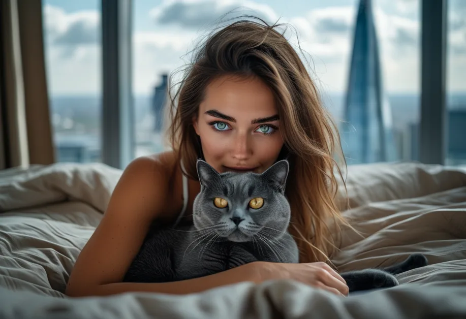 ภาพระยะใกล้ของดวงตาสีเขียวอันน่าหลงใหลของแมวรัสเซียสีน้ําเงินโดยมี The Shard ตั้งตระหง่านอยู่เบื้องหลัง จับภาพเสน่ห์ที่สง่างามของแมว