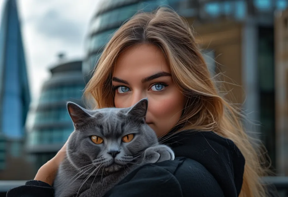 รัสเซียนบลูขี้เล่นพร้อม The Shard สูงตระหง่านอยู่ด้านบน ผสมผสานเสน่ห์ของสายพันธุ์อันเป็นที่รักนี้เข้ากับเส้นขอบฟ้าอันเป็นสัญลักษณ์ของลอนดอน