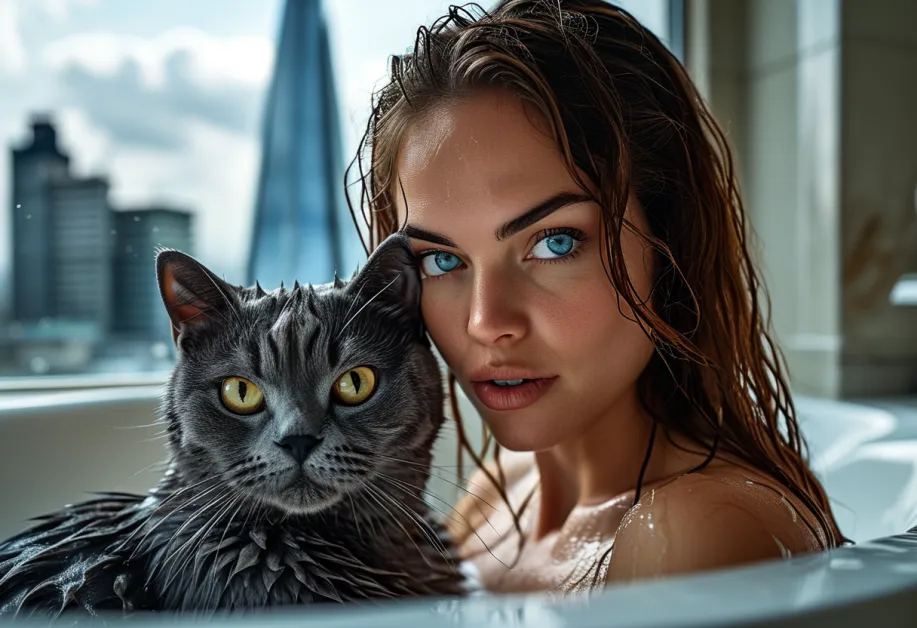 แมวรัสเซียบลูสํารวจในร่มโดยมี The Shard มองเห็นได้ด้านนอก โดยเน้นย้ําถึงธรรมชาติที่อยากรู้อยากเห็นและชาญฉลาดของสายพันธุ์นี้