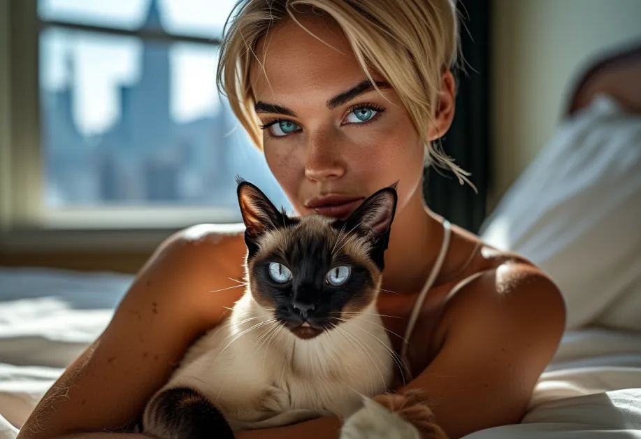 แมวท็องกินีสในมุมมองที่น่ารักกับท่าทางกระตือรือร้น ดวงตาสีสดใสทำให้ภาพนี้เต็มไปด้วยความน่ารักและเสน่ห์