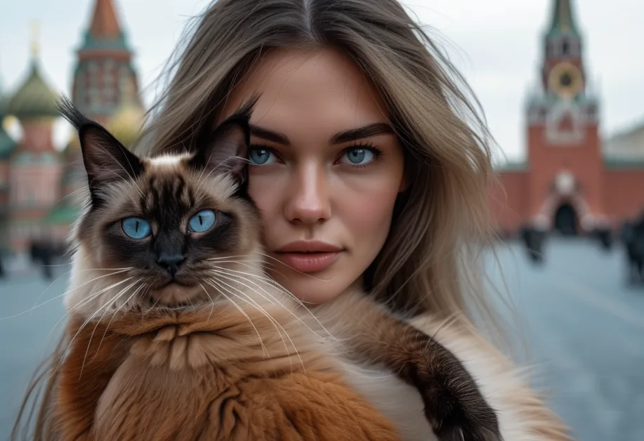 แมวบาหลีเดินไปในจัตุรัสแดงด้วยความมั่นใจ ภาพนี้สะท้อนถึงความงดงามและเสน่ห์ของแมวพันธุ์นี้ในสถานที่สำคัญของมอสโก