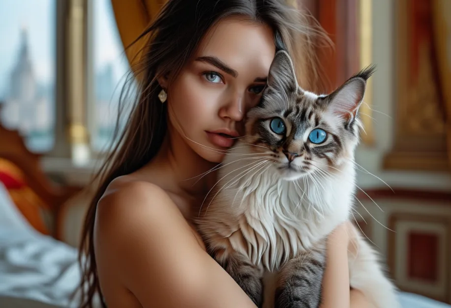 ภาพแมวบาหลีในจัตุรัสแดงมองไปยังฉากที่งดงาม แสดงถึงการปรับตัวและความอยากรู้อยากเห็นในสภาพแวดล้อมใหม่