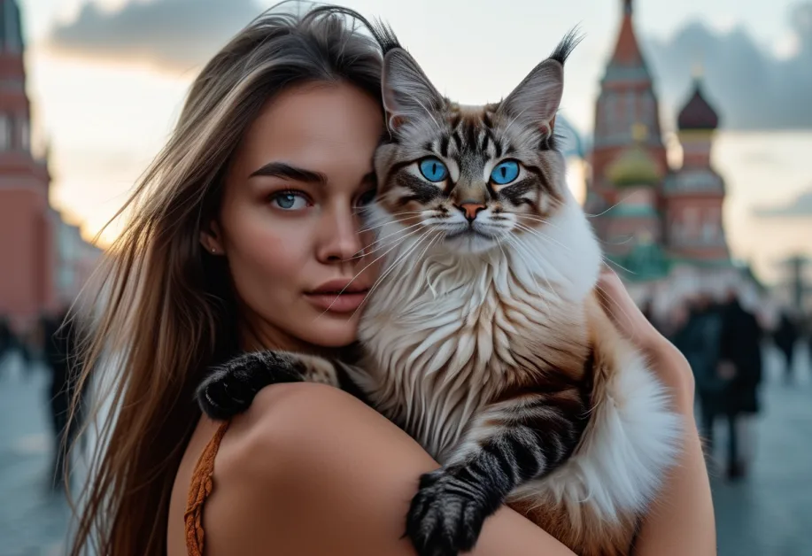 แมวบาหลีสีขาวและสีน้ำตาลอ่อนกำลังโพสท่าอย่างสง่างามในจัตุรัสแดง มอสโก ฉากหลังที่มีเสน่ห์ยิ่งทำให้เห็นถึงความสวยงามของแมวพันธุ์นี้ได้อย่างชัดเจน