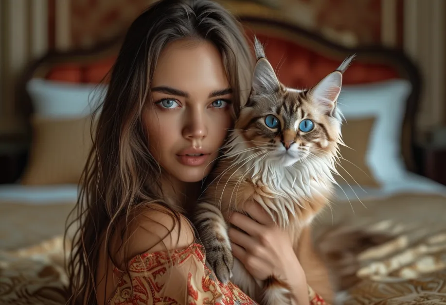 แมวบาหลีเดินสำรวจไปยังพื้นที่ใหม่ในจัตุรัสแดง สีขนที่สวยงามตัดกับฉากหลังประวัติศาสตร์ ทำให้ภาพนี้มีชีวิตชีวาและน่าสนใจ