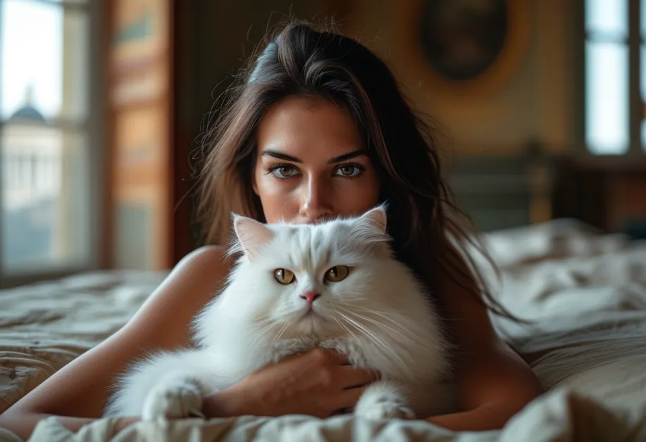 แมวแมงซ์ที่มองตรงมาที่กล้องอย่างเป็นมิตร กับฉากหลังอะโครโพลิสที่แสดงถึงความยิ่งใหญ่และงดงาม