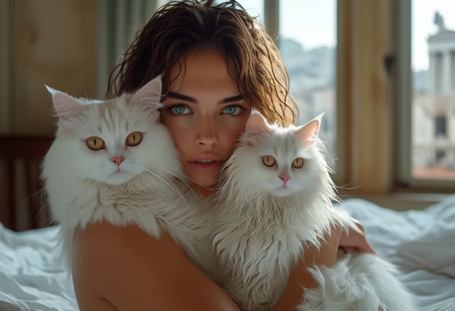 ภาพมุมข้างของแมวแมงซ์ที่น่ารักในท่าทางขี้เล่น ฉากหลังเป็นอะโครโพลิสที่เปี่ยมด้วยเรื่องราวประวัติศาสตร์