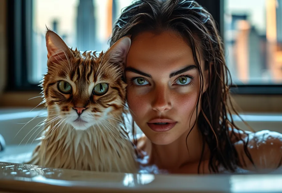 แมวเบอร์มิลล่าสายพันธุ์แท้ขนสั้นกับวิว Empire State Building - โคลสอัพขนของแมวเบอร์มิลล่าสีเงินนุ่มนวลตัดกับภาพวิวเมืองอันงดงาม เติมเต็มบรรยากาศทันสมัยในเมืองใหญ่