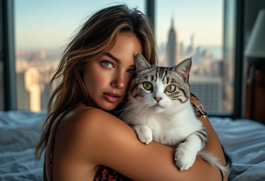 เบอร์มิลล่ามองไปยังตึกสูง Empire State Building ในบรรยากาศกลางคืน - ขนสีเงินของแมวเบอร์มิลล่าตัดกับแสงไฟจาก Empire State Building โดดเด่นชัดเจนในฉากเมืองยามราตรี