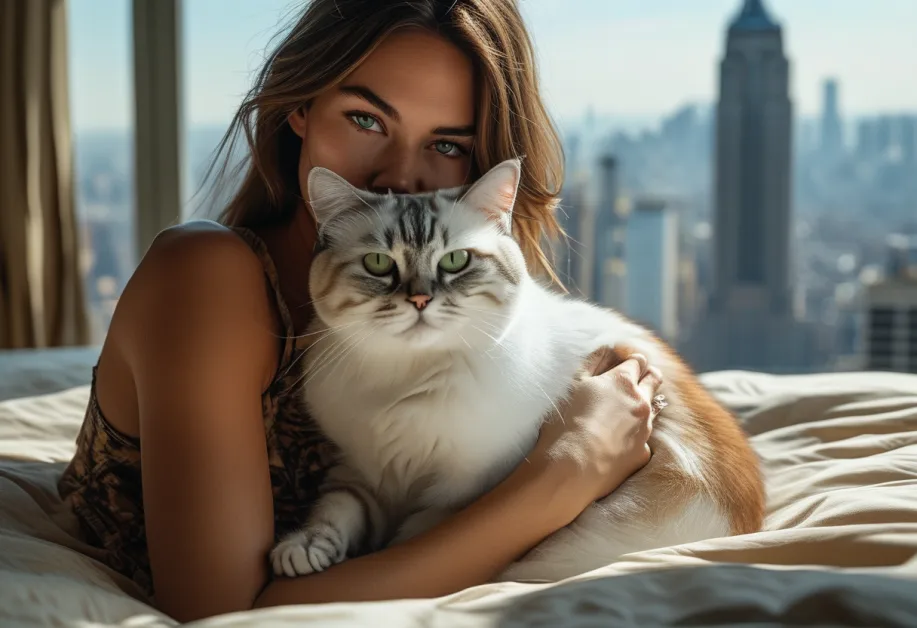 แมวเบอร์มิลล่ากับฉากกลางเมืองที่ Empire State Building - นั่งอยู่ท่ามกลางแสงไฟจาก Empire State Building แมวเบอร์มิลล่าสะท้อนขนเงาวาวดูน่าหลงใหลและทันสมัย