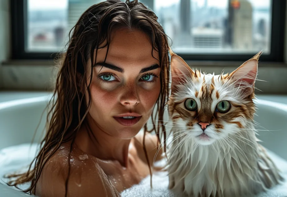 เบอร์มิลล่ากับวิวทิวทัศน์ของ Empire State Building - แมวเบอร์มิลล่าที่มีขนสวยงามและดวงตาเป็นประกาย นั่งท่ามกลางบรรยากาศของ Empire State Building ที่โดดเด่น