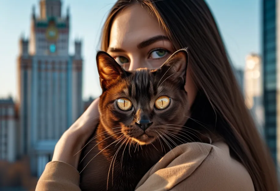 แมวเบอร์มิสที่น่ารักกำลังนั่งอย่างสง่างามในแสงธรรมชาติ ขนสีน้ำตาลเงางามเพิ่มความโดดเด่นและเสน่ห์เฉพาะตัวให้กับภาพนี้