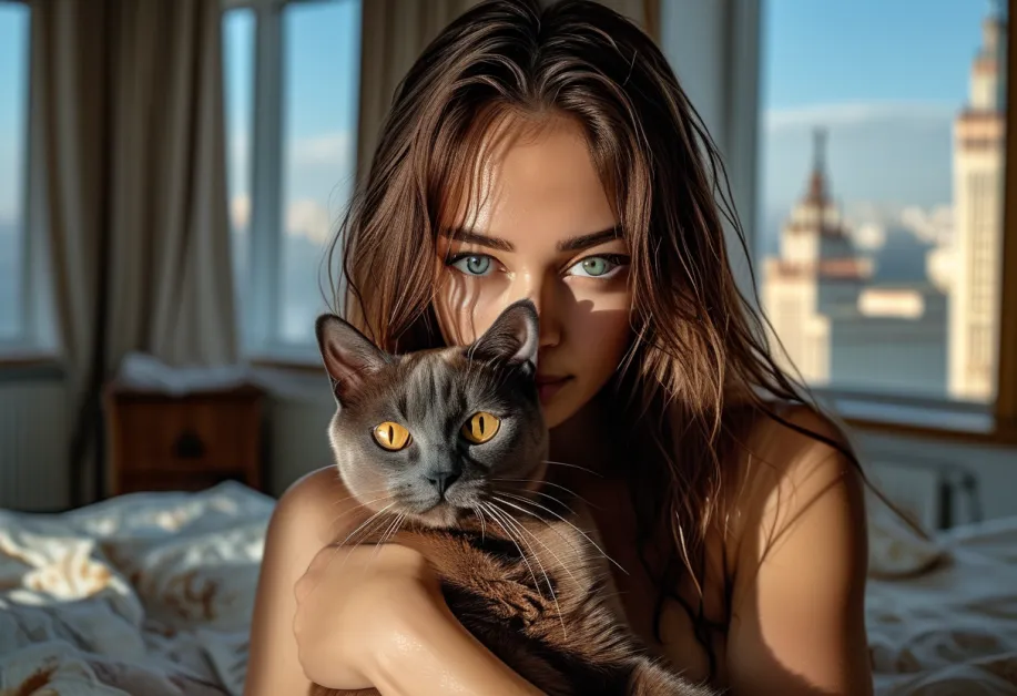 แมวเบอร์มิสกำลังเพลิดเพลินกับการพักผ่อนในแสงอ่อน ๆ ดวงตาอันสดใสเพิ่มเสน่ห์ให้กับภาพนี้