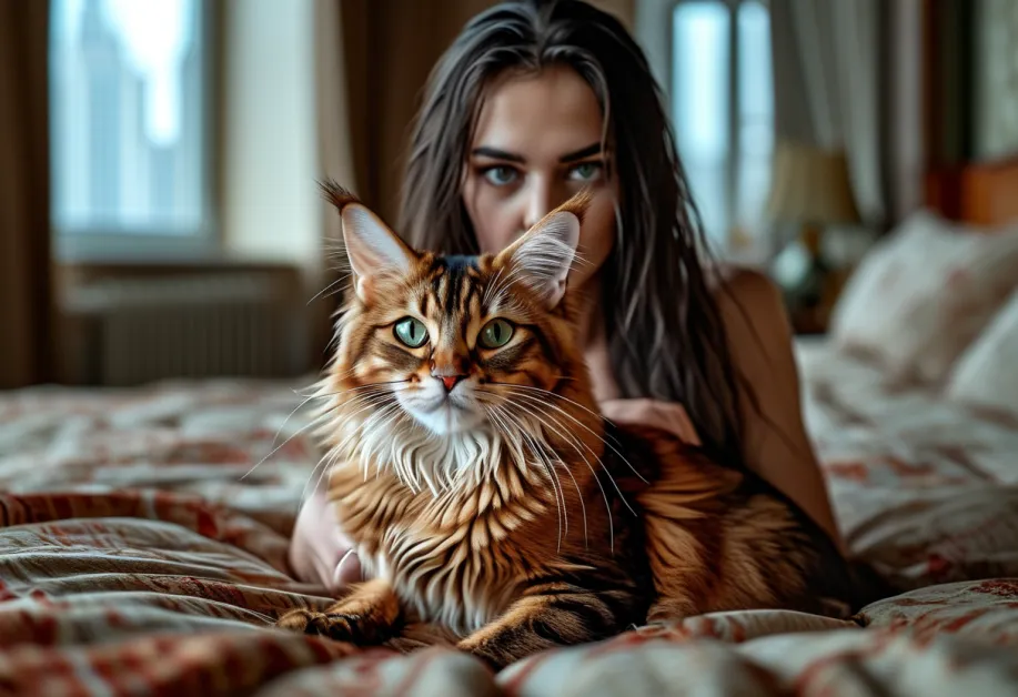 แมวโซมาลีกับความสง่างามที่โดดเด่น - การผสมผสานที่น่าทึ่งระหว่างเจ้าเหมียวและทิวทัศน์ของ Federation Tower