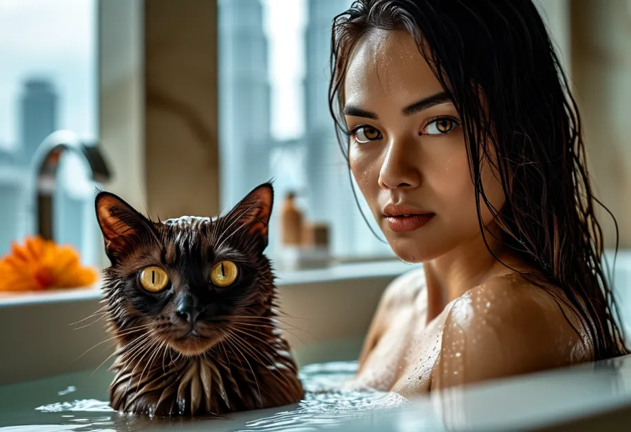 ความขี้เล่นของแมวเบอร์มีสตัวน้อยที่กำลังโพสท่าสวยงาม พร้อมหอคอยเปโตรนาสเป็นฉากหลัง - สะท้อนถึงความน่ารักและความโดดเด่นของสายพันธุ์นี้