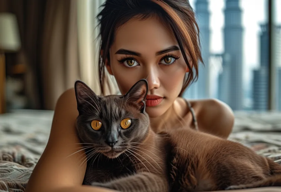 แมวเบอร์มีสกำลังสนุกกับการเล่นในมุมที่มีแสงไฟประดับจากหอคอยเปโตรนาส - สะท้อนความมีชีวิตชีวาและความสุข