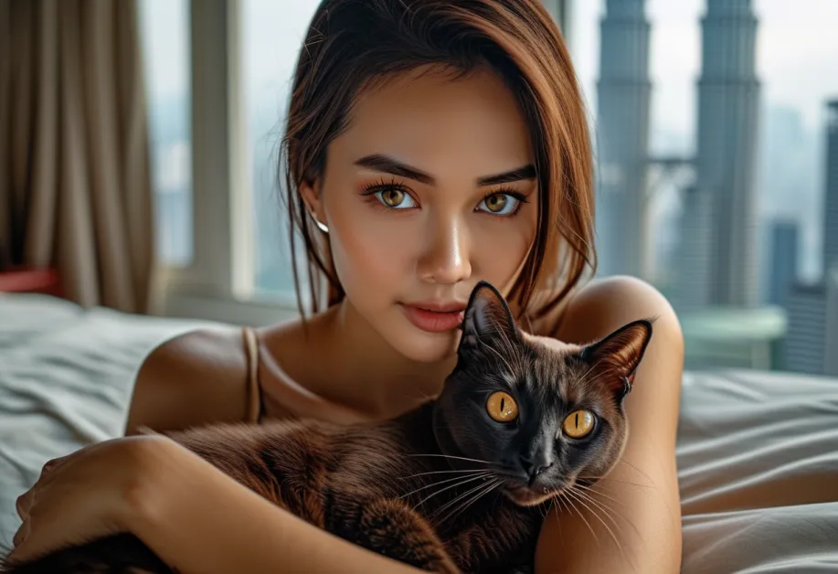 แมวเบอร์มีสสีเงางามกำลังนอนพักผ่อนอย่างสบายใจ โดยมีพื้นหลังเป็นหอคอยเปโตรนาสสุดไอคอนิก - ความลงตัวของธรรมชาติและสถาปัตยกรรมที่สวยงาม