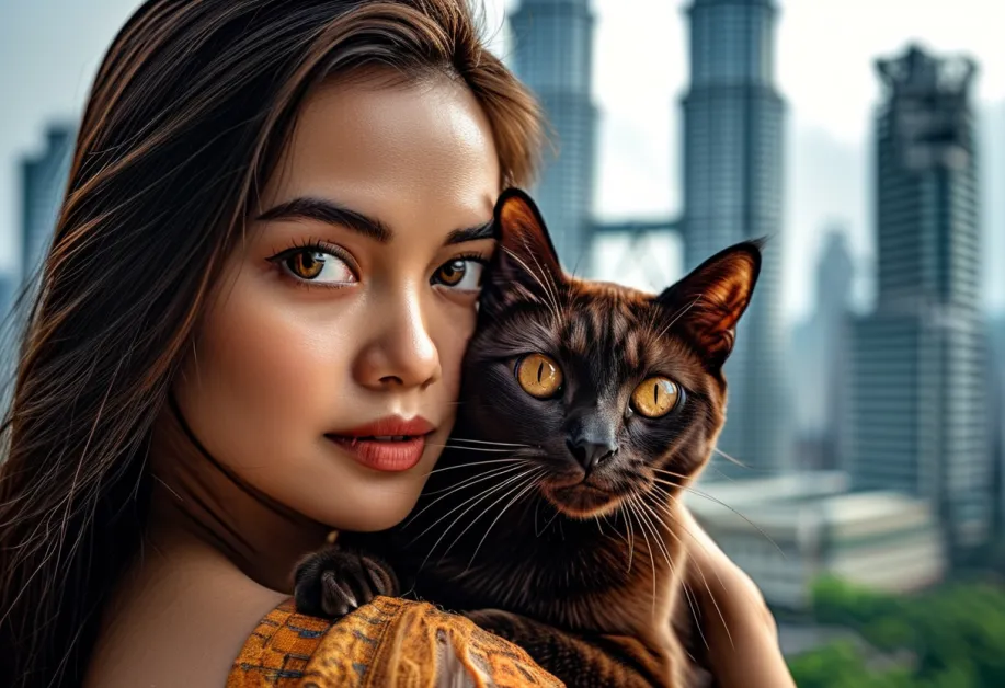 แมวเบอร์มีสกำลังมองวิวสวยจากหอคอยเปโตรนาส ด้วยแสงยามเย็นที่เพิ่มความโรแมนติกให้ภาพ