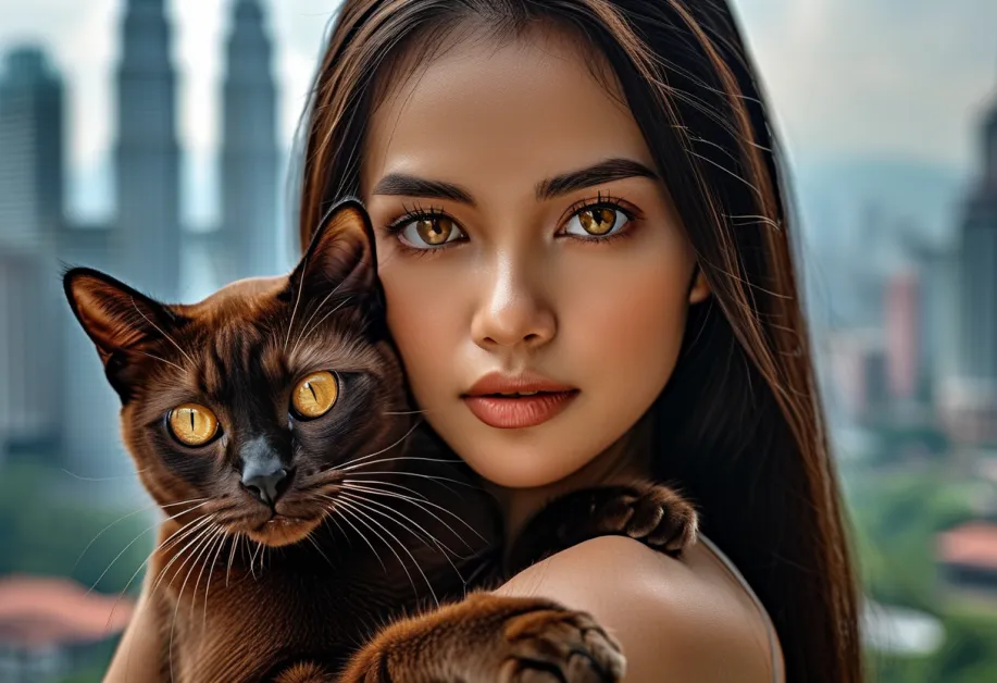 ชมความสง่างามของแมวพันธุ์เบอร์มีสที่กำลังนั่งอย่างภูมิฐานบนฉากหลังอันหรูหราของหอคอยเปโตรนาส (Petronas Towers) - เพิ่มความน่ารักและความหรูหราในมุมมองที่งดงาม!