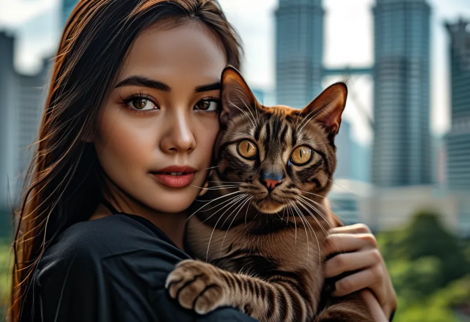 ภาพแมวเบอร์มีสที่มีขนมันวาวและดวงตาสดใส กำลังนอนพักผ่อนบนฉากหลังของหอคอยเปโตรนาสที่ยามค่ำคืน