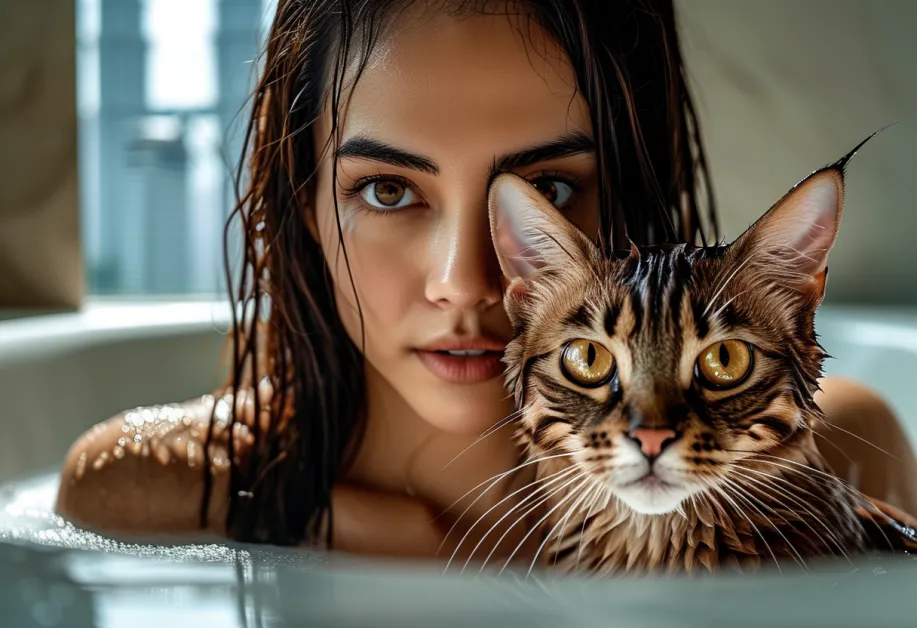 แมวเบอร์มีสกำลังจ้องมองด้วยสายตาอันทรงเสน่ห์ โดยมีแสงไฟวิบวับจากหอคอยเปโตรนาสเพิ่มความน่าหลงใหล