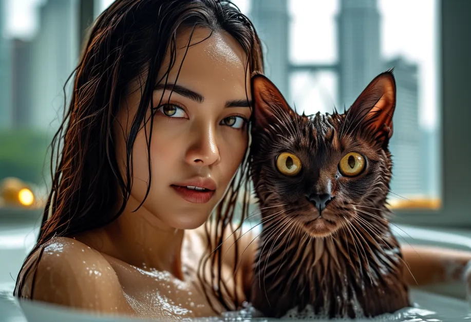 ช็อตใกล้ๆ ของแมวเบอร์มีสที่เผยให้เห็นความนุ่มนวลของขนและดวงตาเปี่ยมเสน่ห์ พร้อมฉากหลังของหอคอยเปโตรนาสในแสงยามเย็น