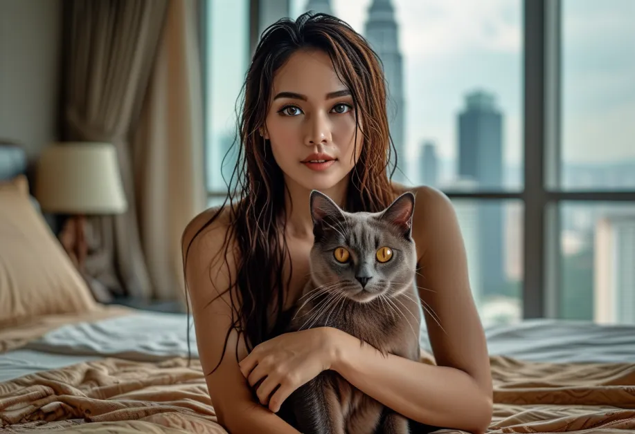 แมวเบอร์มีสสีเข้มกำลังเดินอย่างสง่างาม บนฉากพื้นหลังที่แสดงถึงความสูงตระหง่านของหอคอยเปโตรนาส