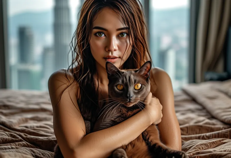 ความน่ารักของแมวเบอร์มีสในท่าทางนั่งสบาย พร้อมฉากหลังที่เป็นสถาปัตยกรรมสุดตระการตาของหอคอยเปโตรนาส