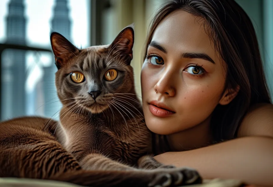 แมวเบอร์มีสกำลังงีบหลับด้วยท่าทางแสนสบายในบรรยากาศที่ผ่อนคลายของวิวหอคอยเปโตรนาส