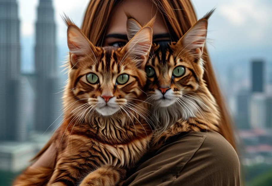 แมวโซมาเลียผ่อนคลายใกล้ฉากหลังที่มีชีวิตชีวา แสดงขนที่หรูหราและท่าทางที่สง่างาม ซึ่งเป็นตัวแทนที่สมบูรณ์แบบของความงามและเสน่ห์