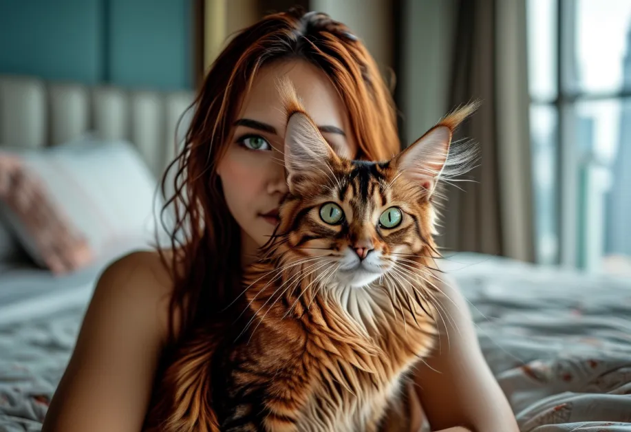 แมวโซมาเลียเพลิดเพลินกับจุดที่มีแสงแดดส่องถึงด้วยขนที่เงางามและได้รับการดูแลเป็นอย่างดีเปล่งประกายในแสง