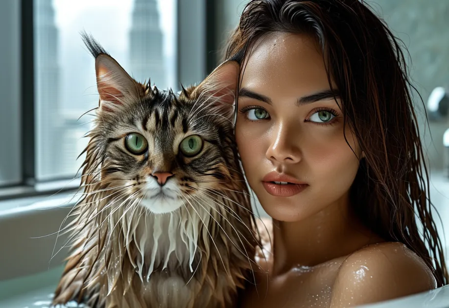 โคลสอัพใบหน้าแมวทิฟฟานี่ ขนเงางามสะท้อนแสงไฟจาก Petronas Towers ในยามค่ำคืน